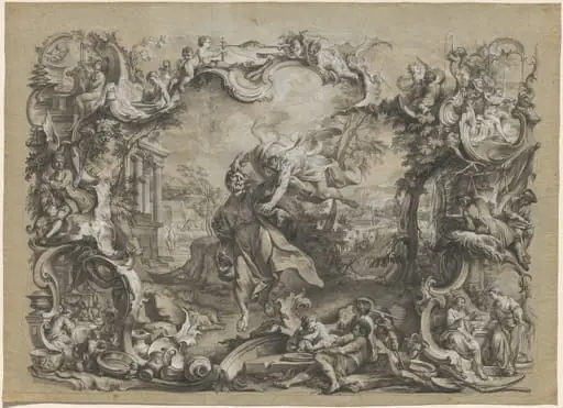 The Angel Carrying off Habakkuk by His Hair, Surrounded by an Elaborate Rococo Frame, by Johann Wolfgang Baumgartner