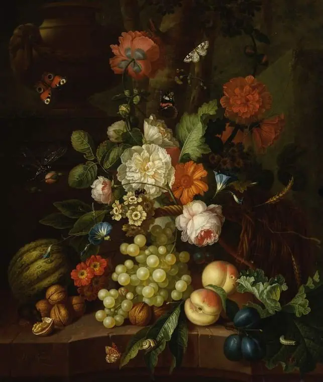 Basket of flowers with fruit, by Johannes Christianus Roedig