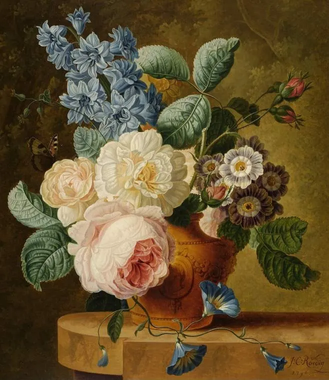 Vase of flowers, by Johannes Christianus Roedig, oil, 1798