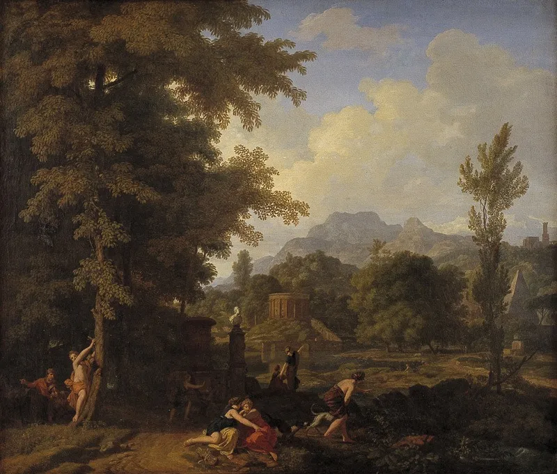 Classical Landscape with Diana (?) and her Nymphs, by Johannes Glauber, oil, 1693