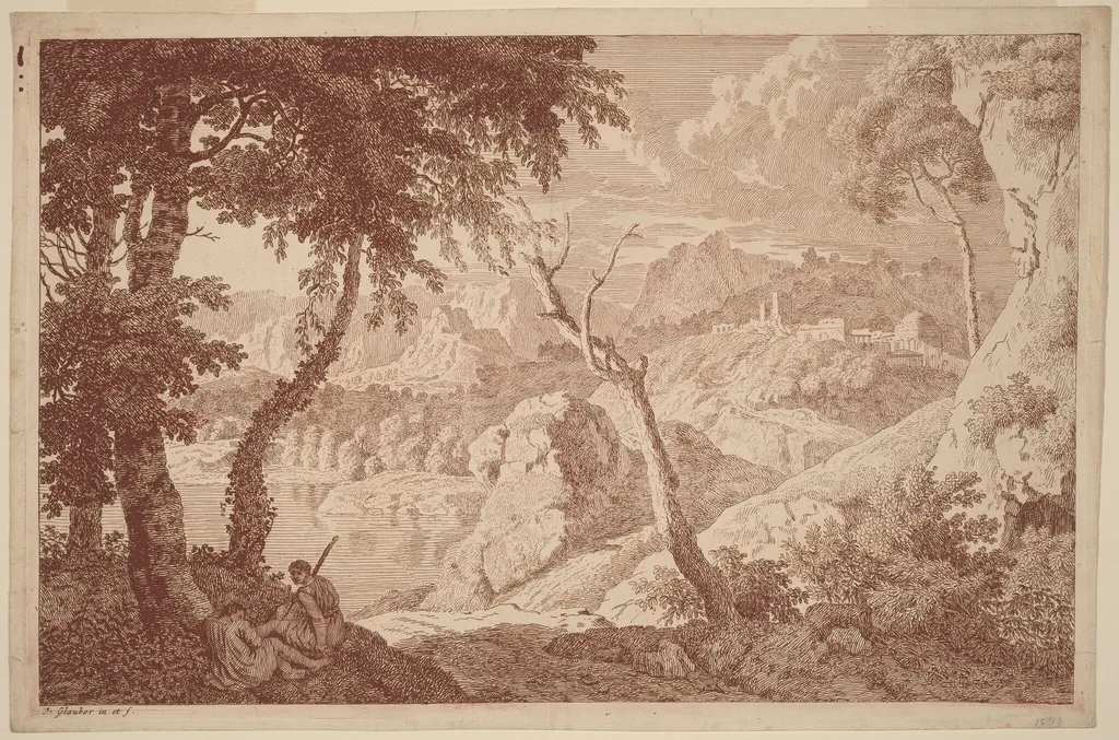 Mountain Landscape with Two Men Resting, by Johannes Glauber, ink, 1686