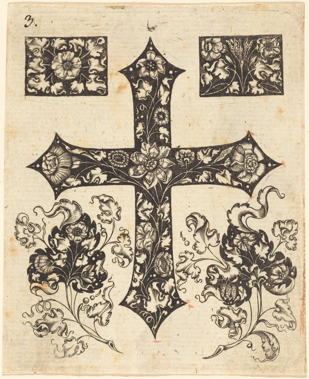 Cross Embellished with Flowers, by Johannes Hanias, ink, 1650