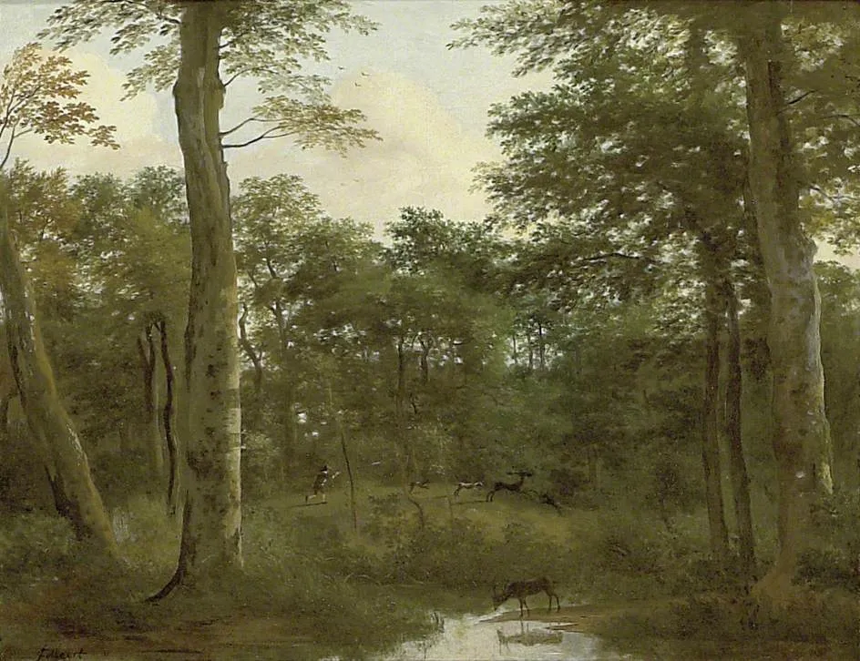 A Stag Hunt in a Wood, by Johannes Jan Colaert, oil, 1659