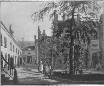 The Leprozenhuis ('lazar house') in Amsterdam as seen from the big courtyard; to the left the roof of the Portuguese Synagogue, by Johannes Jelgerhuis, oil, 1821