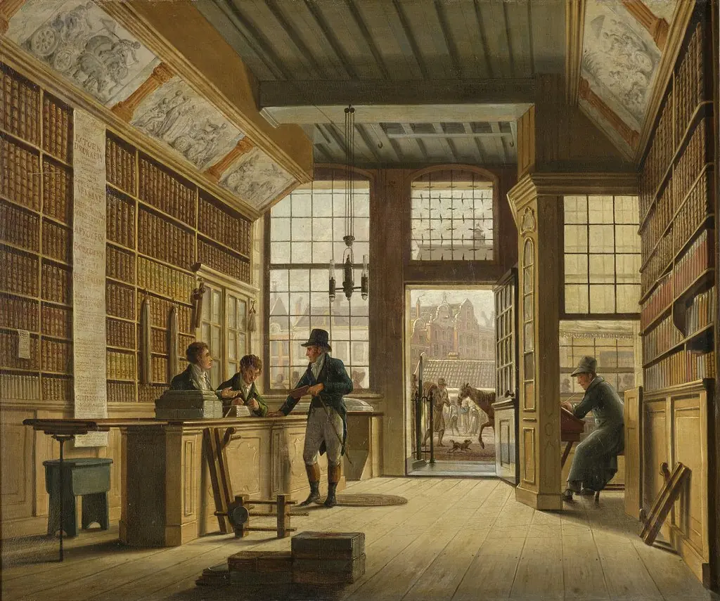 The Shop of the Bookdealer Pieter Meijer Warnars on the Vijgendam in Amsterdam, by Johannes Jelgerhuis