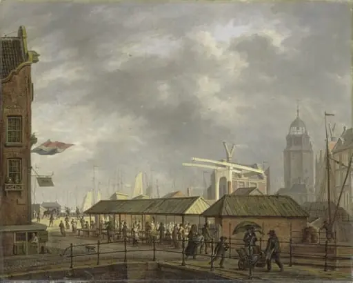 The small Fish Market on the Corner of the Brouwersgracht and Singel, Amsterdam, by Johannes Jelgerhuis