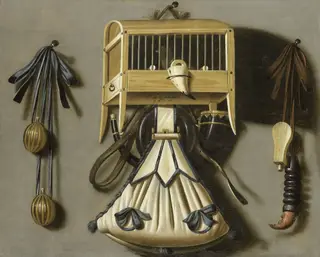 Still life with hunting implements, by Johannes Leemans