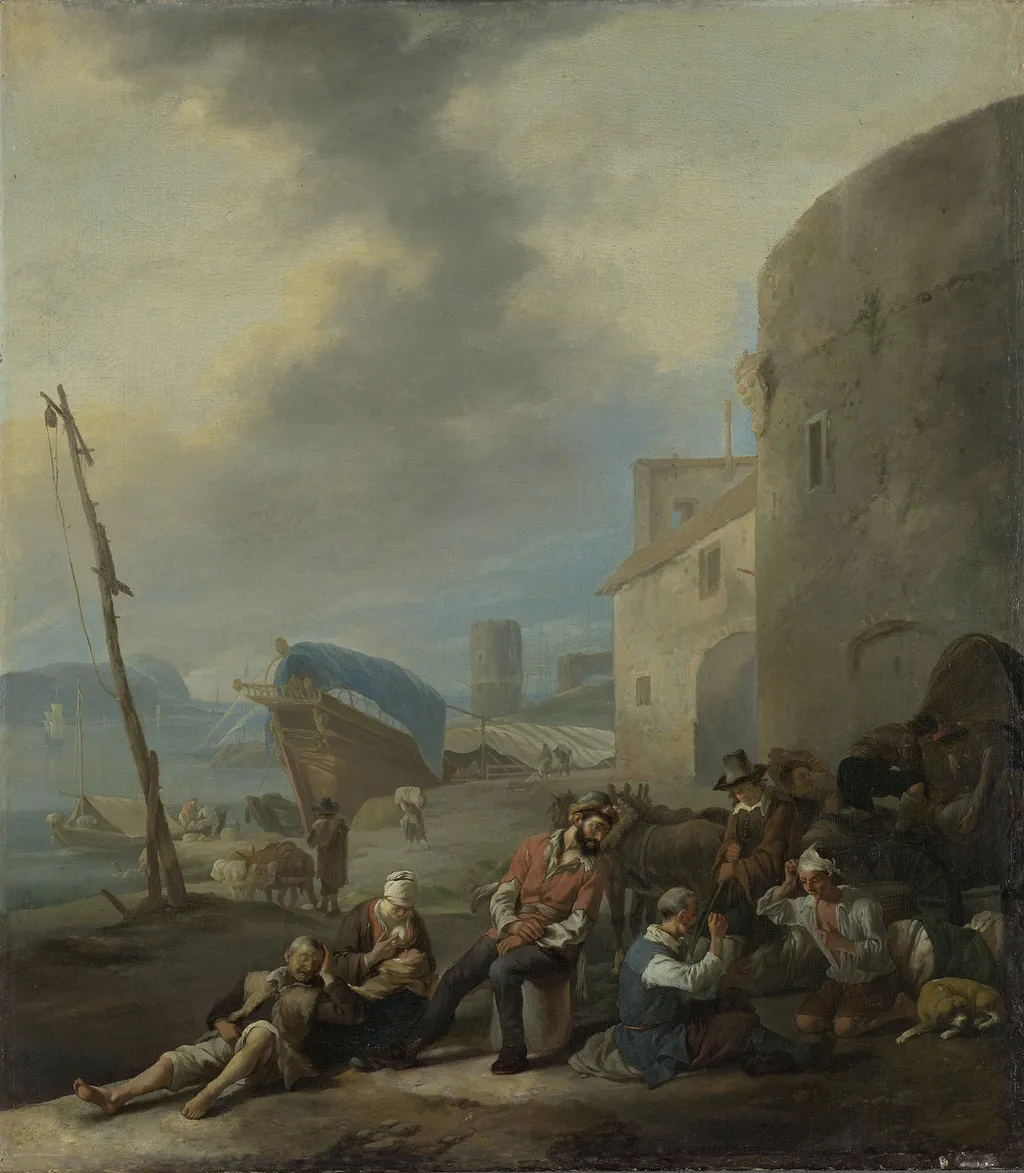 Italian harbor, by Johannes Lingelbach, oil, 1650