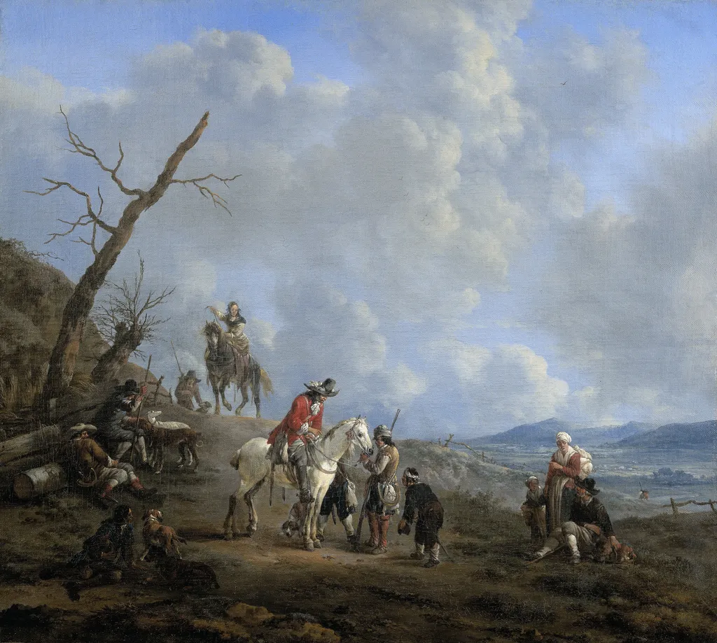 Landscape with riders, hunsters and peasants, by Johannes Lingelbach, oil, 1650