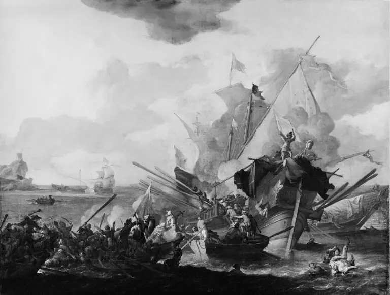 Sea Skirmish, by Johannes Lingelbach, oil, 1655