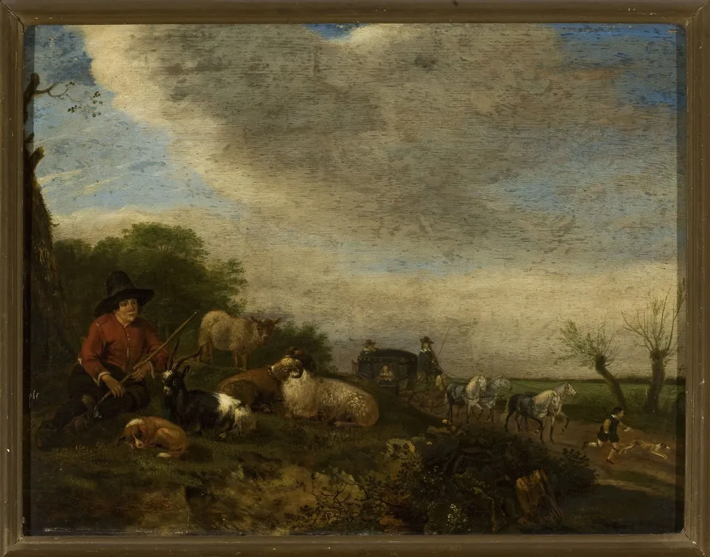 Shepherd with goats and sheep and a carriage on the right, by Johannes Lingelbach, oil, 1658