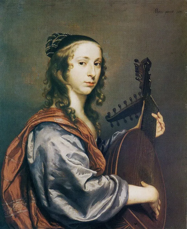 Portrait of a Lady Playing a Lute, by Johannes Mytens, oil, 1648