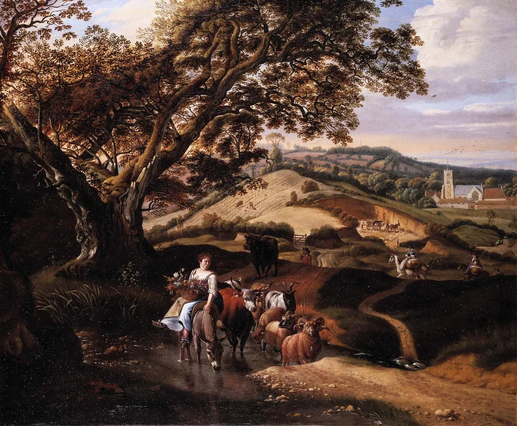 A Pastoral Landscape, by Johannes Siberechts, oil, 1692