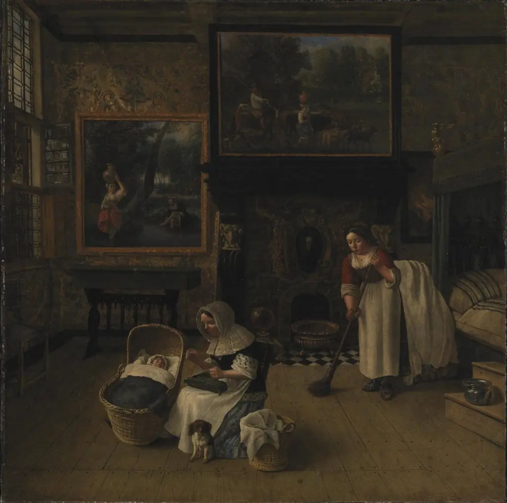 Interior with a Woman Embroidering and Rocking a Child in a Cradle, by Johannes Siberechts