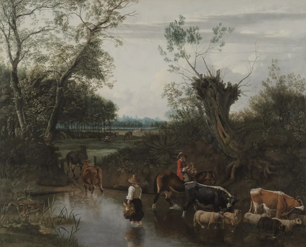 Peasants Crossing a Stream, by Johannes Siberechts, oil, 1670