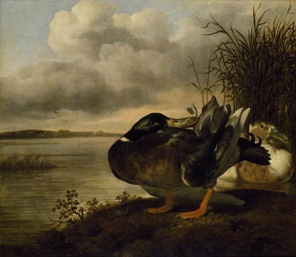 A Pair of Ducks in a Landscape, by Johannes Spruyt, oil, 1659