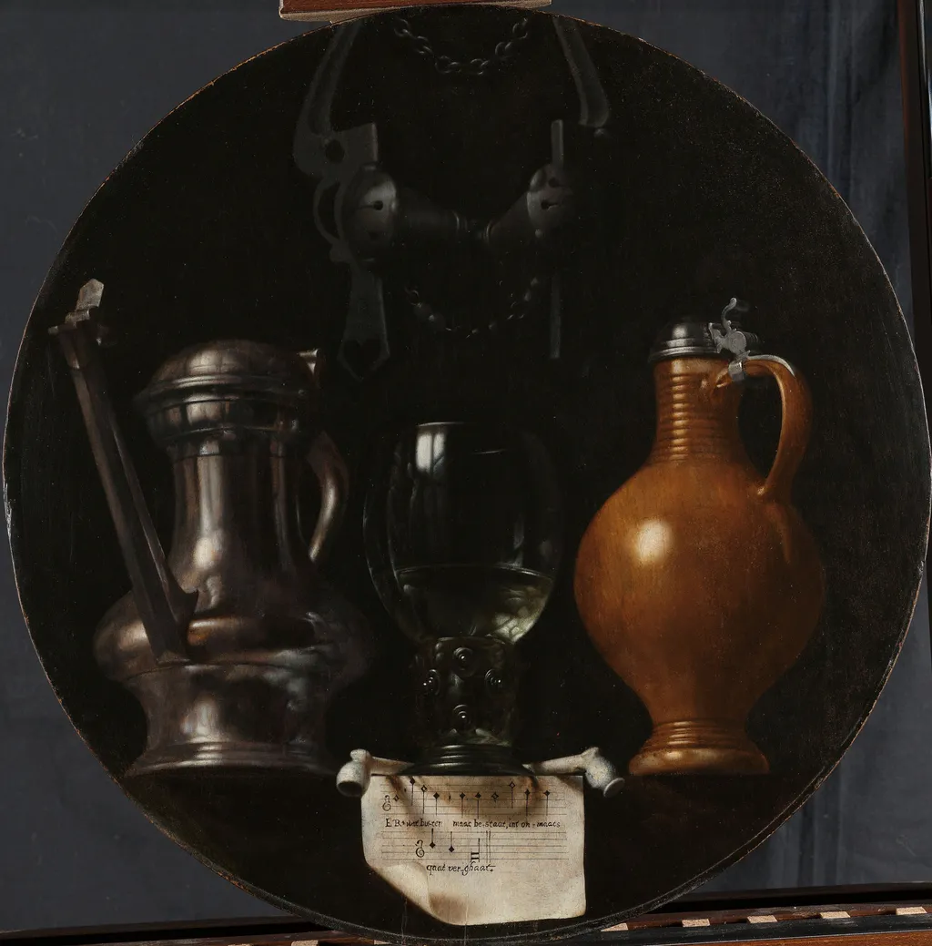 Emblematic Still Life with Flagon, Glass, Jug and Bridle, by Johannes van der Beeck, oil, 1614