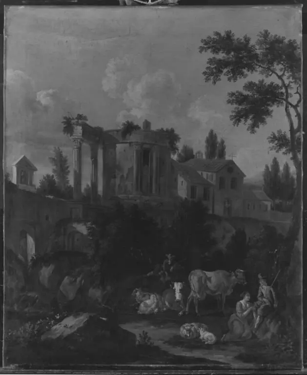 Italienische Landschaft mit Vieh und Hirten, antiker Ruine und Klosterkirche, by Johannes van der Bent