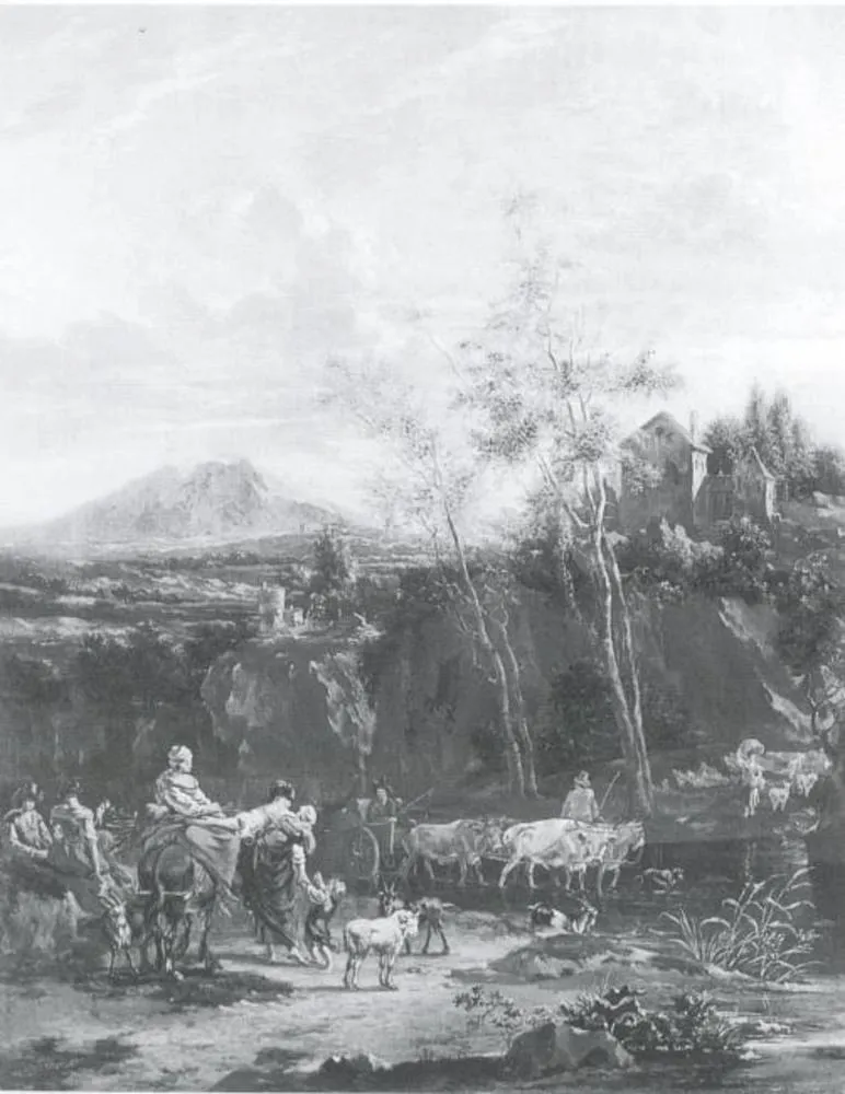 Peasants and Cattle at a Ford, by Johannes van der Bent, oil, 1689