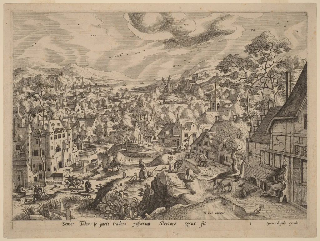 Bird Dropping Blinding Tobit, by Johannes van Doetechum the Elder, ink, 1565