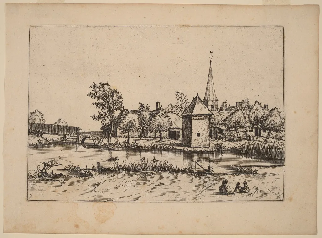 Country Village with Church and Bridge, by Johannes van Doetechum the Elder, ink