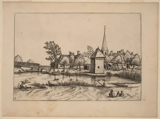Country Village with Church and Bridge, by Johannes van Doetechum the Elder