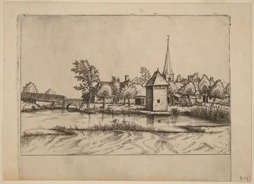 Country Village with Church and Bridge, by Johannes van Doetechum the Elder