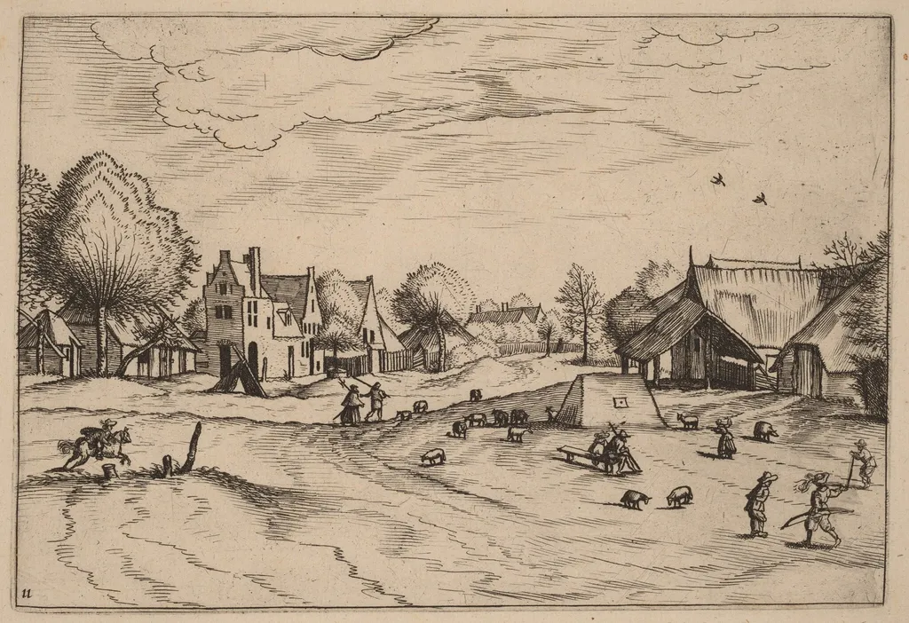 Country Village with Sheep and Sitting Shepherd, by Johannes van Doetechum the Elder, ink