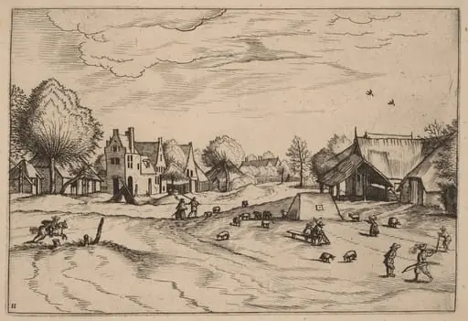 Country Village with Sheep and Sitting Shepherd, by Johannes van Doetechum the Elder