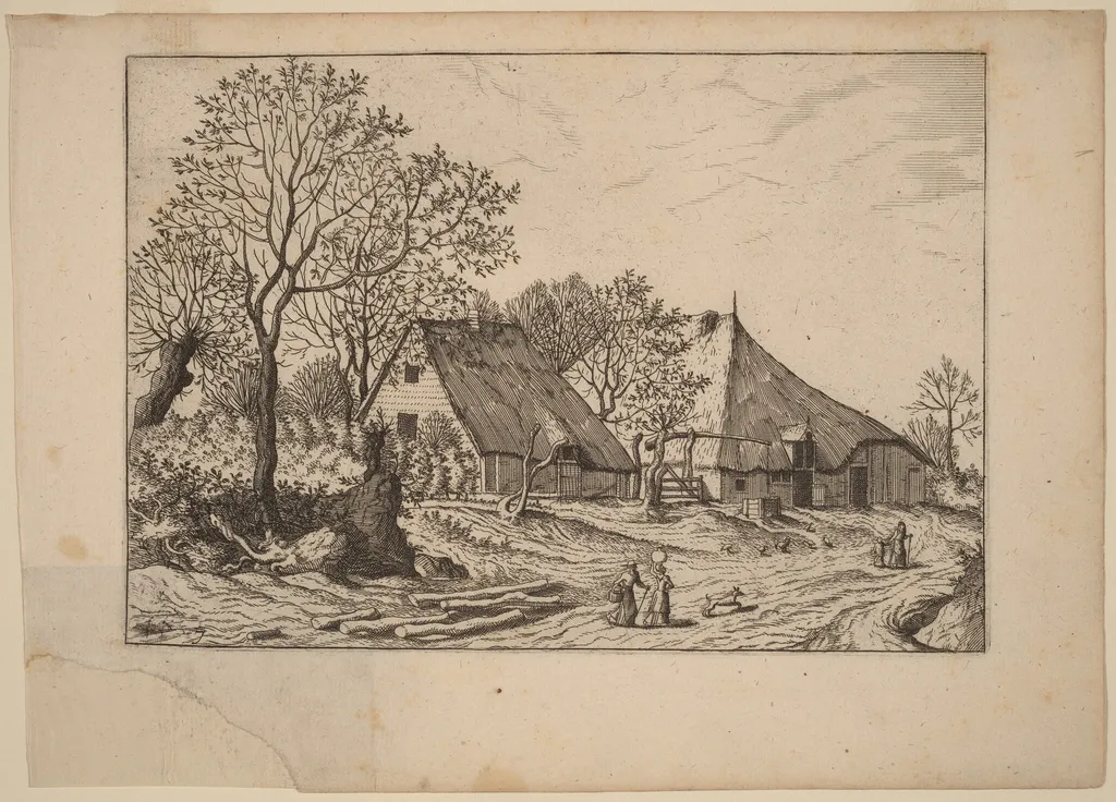 Farm with Shed and Draw Well, by Johannes van Doetechum the Elder, ink