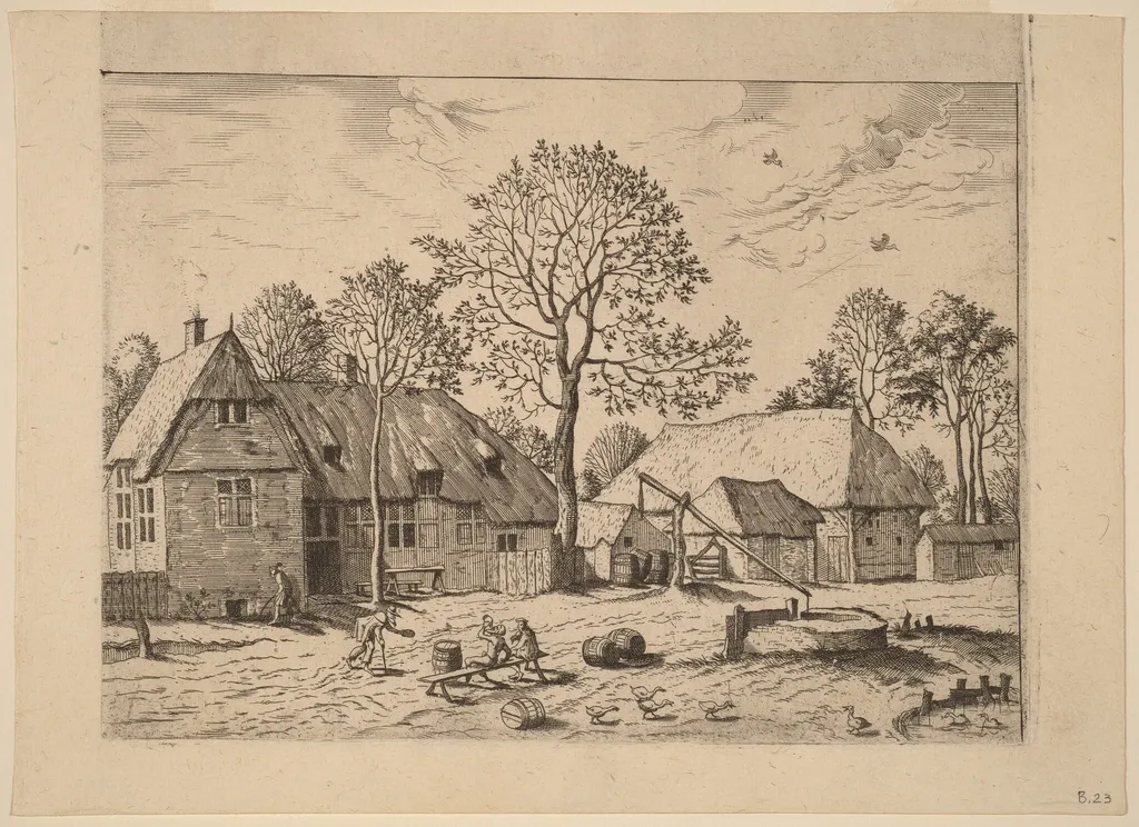Farms with Draw Well, by Johannes van Doetechum the Elder, ink, 1560