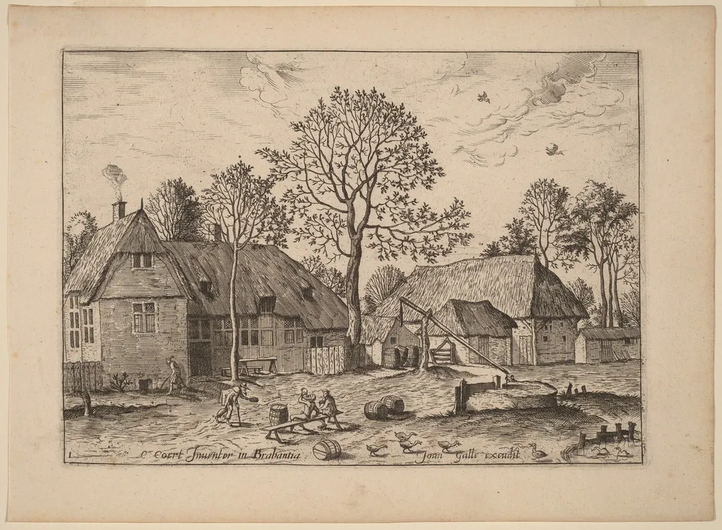 Farms with Draw Well, by Johannes van Doetechum the Elder, ink