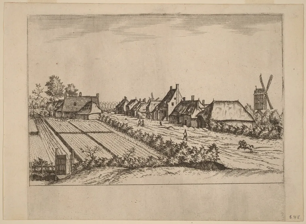 Fields and a Village Road with Post Mill, by Johannes van Doetechum the Elder, ink, 1560