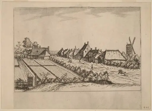 Fields and a Village Road with Post Mill, by Johannes van Doetechum the Elder
