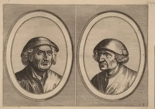 "Hans Onvertsaeght" and "Koen Slock-speck", by Johannes van Doetechum the Elder
