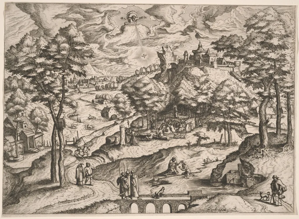 Landscape with the Baptism of Christ, by Johannes van Doetechum the Elder, ink, 1562