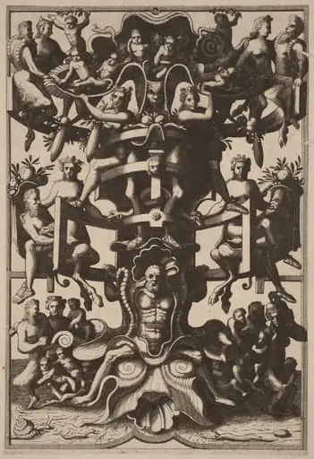 Man Sitting on an Auricular Mask, Supporting a Strapwork Frame on his Shoulders, by Johannes van Doetechum the Elder