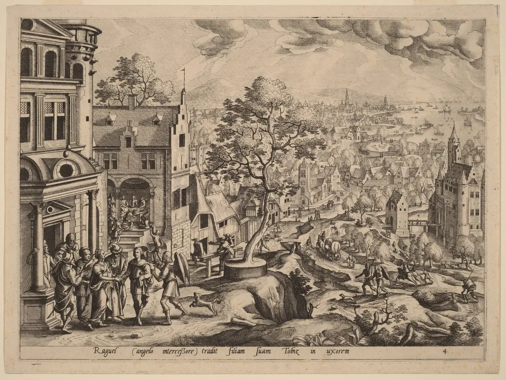 Tobias and the Angel Arriving at Raguel's House, by Johannes van Doetechum the Elder, ink, 1565