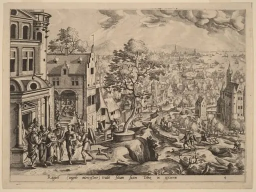 Tobias and the Angel Arriving at Raguel's House, by Johannes van Doetechum the Elder