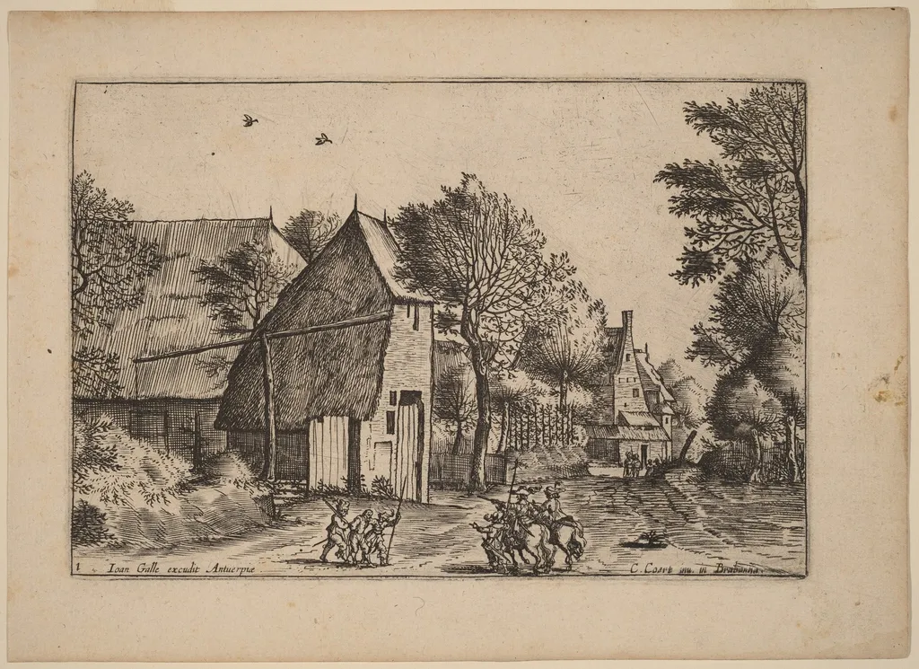 Village Road with Draw Well, by Johannes van Doetechum the Elder, ink