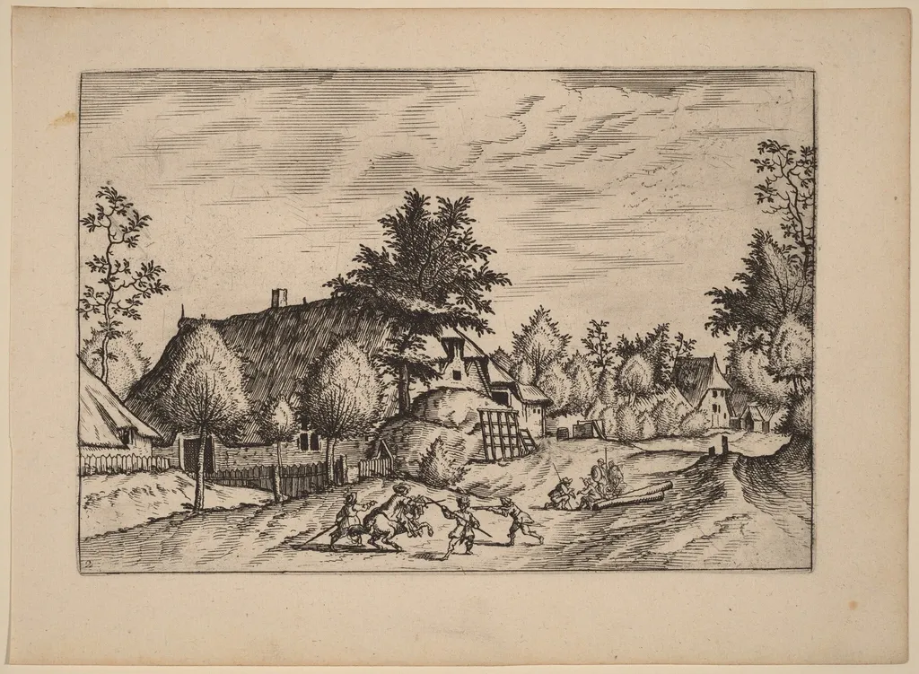 Village Street, by Johannes van Doetechum the Elder, ink