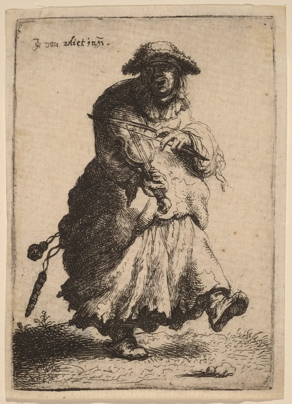Beggar Woman Playing the Violin, by Johannes van Vliet, ink, 1632