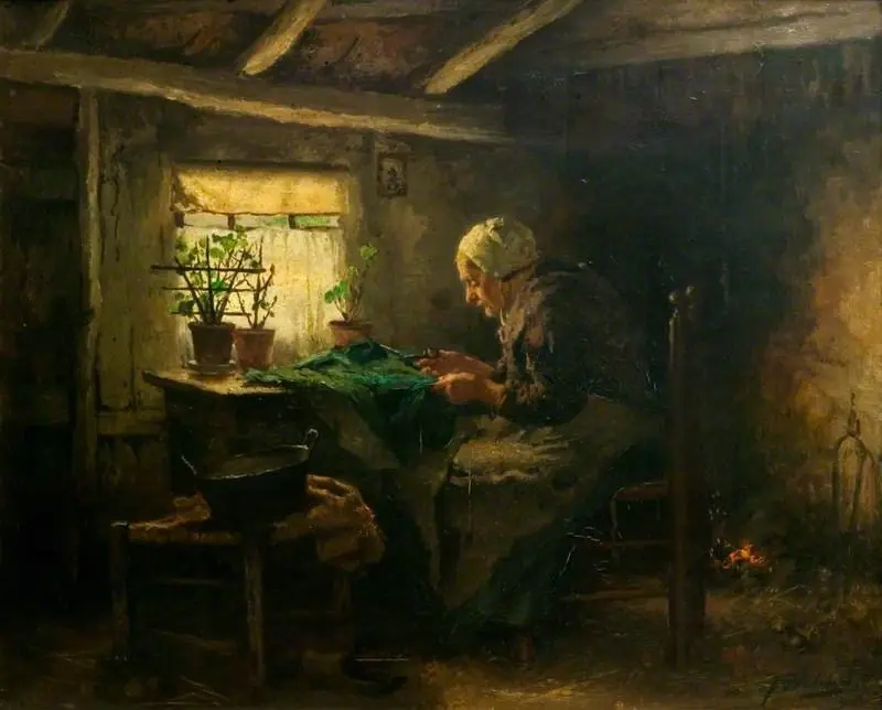 Interior with an Old Lady Seated and Cutting Cloth, by Johannes Weiland