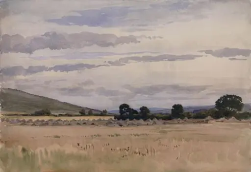 Landscape with a cornfield in the foreground and hills in the distance, by John Absolon