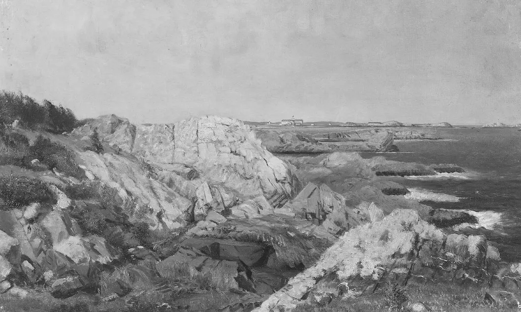 Rocky Shore with Coast Guard Station, by John Amory Codman, oil, 1865