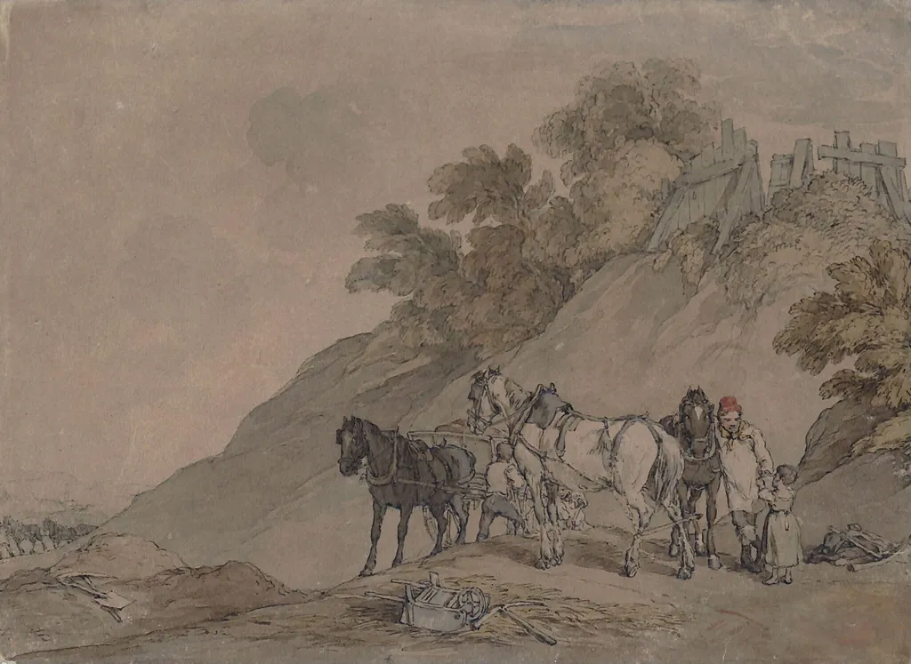 Cart and Team at a Gravel Pit, by John Atkinson, watercolor, 1800