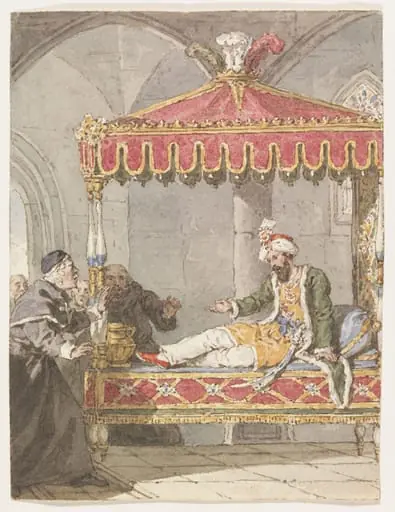 A Sultan on a divan remonstrating with monks, by John Augustus Atkinson