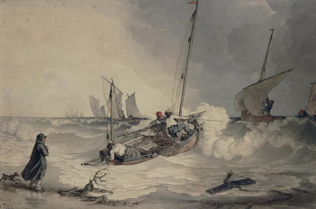 Fishing boats going out, by John Augustus Atkinson, watercolor, 1800