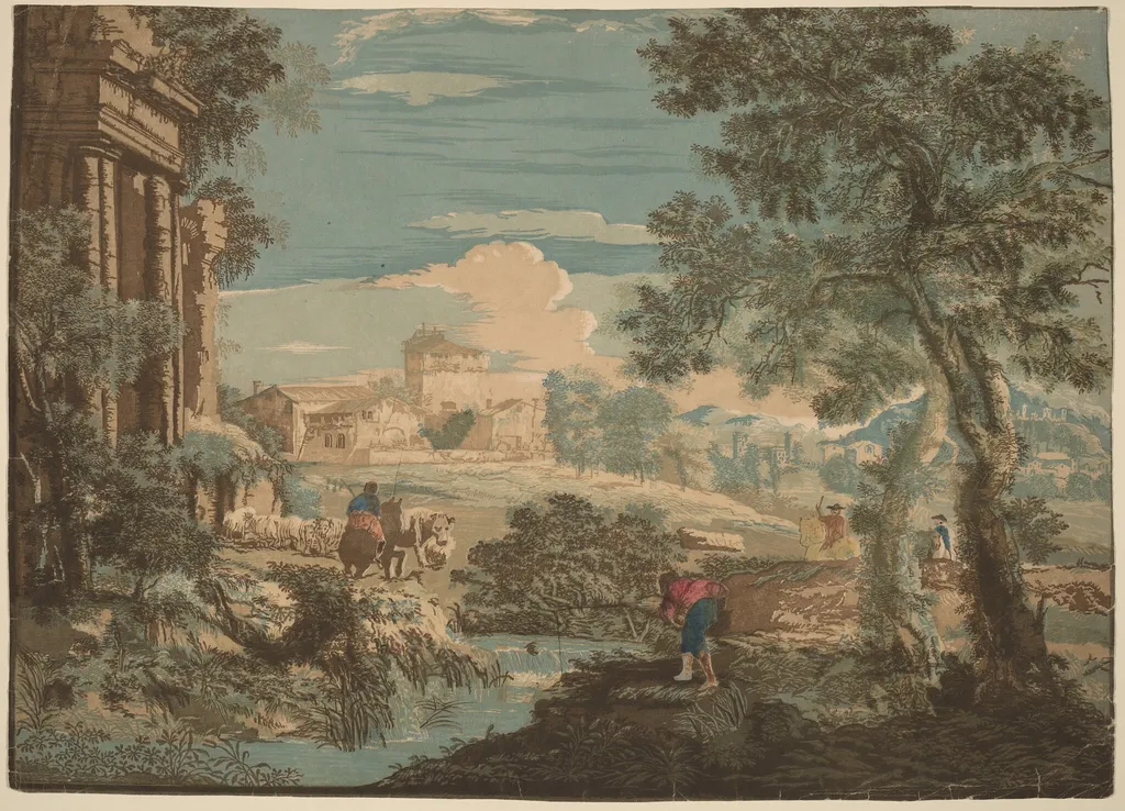 Heroic Landscape with Fisherman, Cows, and Horsemen, by John Baptist Jackson, ink, 1744