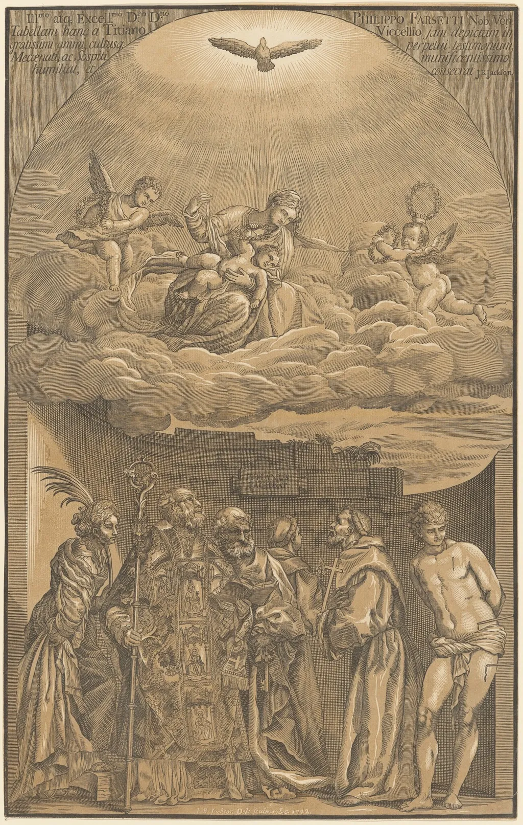 The Virgin and Child in the Clouds with Six Saints, by John Baptist Jackson, ink, 1742